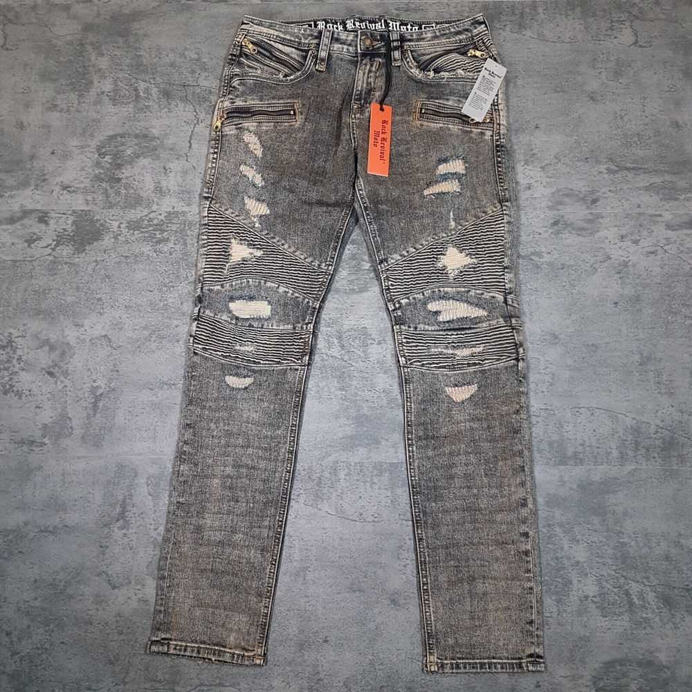 ROCK REVIVAL‎ Elliot Moto Biker Tapered Leg Denim Jeans Mens Size 32x32